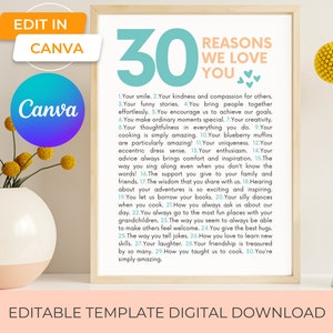 30 reasons we love you canva template printable wall art friend group gift, things we love about you 30th anniversary or 30th birthday gift