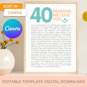 40 reasons we love you canva template printable wall art, 40 things we love about you friend group 40th birthday gift or 40th anniversary