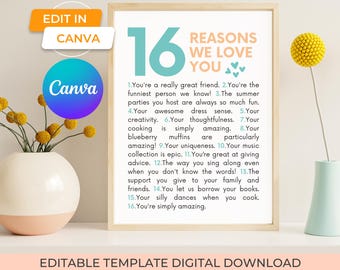16 reasons we love you 16th birthday gift canva template, 16 things we love about you sweet 16 happy birthday poster sign party decor