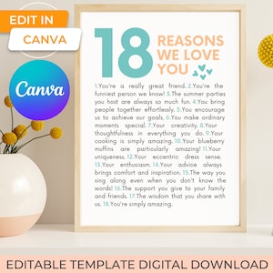 Puede incluir: Un cartel enmarcado con el texto "18 RAZONES POR LAS QUE TE AMAMOS" en verde azulado y melocotón. El cartel incluye una lista de razones, con el logotipo de Canva en la esquina. Descarga digital.