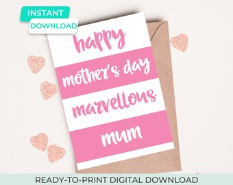 printable mothers day card for mum from daughter or son, happy mothers day printable instant download digital card, mothers day diy crafts