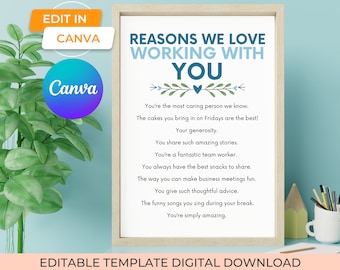 reasons we love working with you template gift for boss or coworker christmas, thank you gift for boss, work anniversary gifts for employees