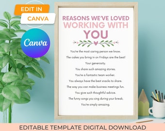 Pink Reasons We Have Loved Working With You Editable Canva Template Farewell Gift for Coworker