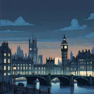 London Nighttime Skyline Backdrop for Stage. For projection onto a theatre stage. Ideal for Oliver, Mary Poppins, Peter Pan, Pantomimes