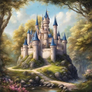 Fairytale castle in the woods backdrop for stage use digital format for projection onto theatre stage. Pantomime or musical use.