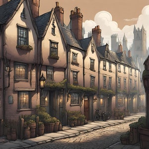 Old-Fashioned Victorian Cobbled Street Backdrop for Stage. For projection onto a theatre stage. Ideal for Oliver, Mary Poppins, Pantomimes