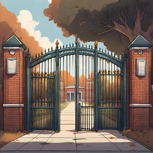 School Gates Backdrop for Stage. For projection onto a theatre stage. Ideal for Matilda etc