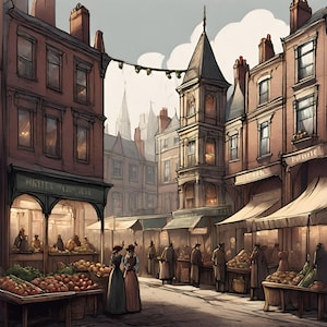 Old-Fashioned Victorian Marketplace Backdrop for Stage. For projection onto a theatre stage. Ideal for Oliver, Mary Poppins, Pantomimes