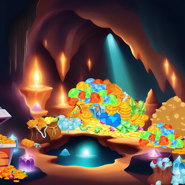 Cueva de las Maravillas con montones de joyas y tesoros como telón de fondo para pantomimas, Aladino, musicales, etc.