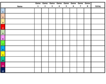 12-Player Euchre Tournament Score Sheet and Rotations PDF Printable Color