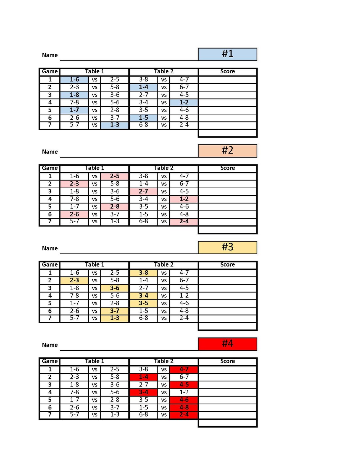 8 player Euchre Tournament Score Sheet And Rotations PDF Printable
