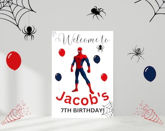 Señal de bienvenida de Spider-Man, señal de bienvenida de cumpleaños de Spiderman, fiesta de cumpleaños de Spiderman, señal de bienvenida de Spiderman, señal de cumpleaños de superhéroe