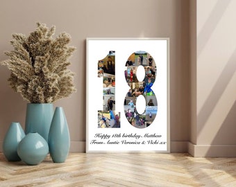 18th Birthday Print, Personalised number photo collage, family print, anniversary gift, birthday gift ideas, Gift ideas, number collage