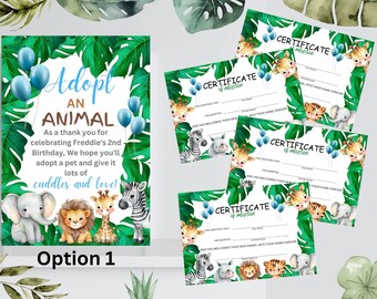 Adopt an animal sign DIGITAL, Certificate of adoption, safari birthday, adoptio, safari themed party, kids birthday party, safari animals