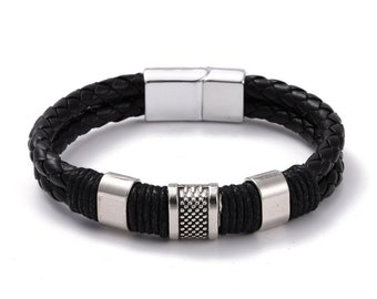 Retro Leather Braided Cord Bracelet with Magnetic Clasp, Black