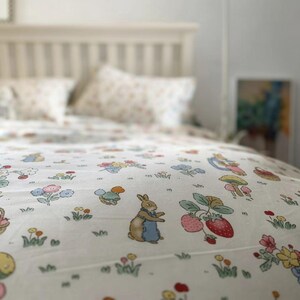 Kids Twin Cotton Sheet Set, Twin Flat Sheets & Fitted Sheet, Woodland Berry Bunny, Cozy Kids Bedroom Decor, Cottagecore Gift for Kids