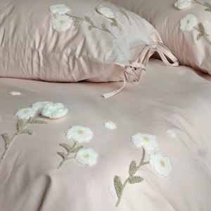 Cotton Tufted Floral Duvet Cover Set, Cottagecore Bedding, Textured Flower Bedding, Pink Sage Green Aesthetic Bedding, 4-Piece Set