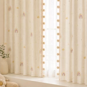 Plush Textured Kids Curtains, Rainbow & Cloud Jacquard Drapes with Integrated Blackout Backing, Custom Pom Pom Trim Options