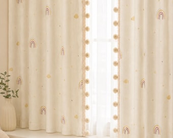 Plush Textured Kids Curtains, Rainbow & Cloud Jacquard Drapes with Integrated Blackout Backing, Custom Pom Pom Trim Options
