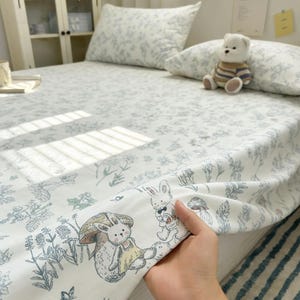 Sábanas individuales de algodón con animales del bosque, juego de cama infantil con estampado de conejito, ardilla y oso, decoración infantil original, tamaño personalizado