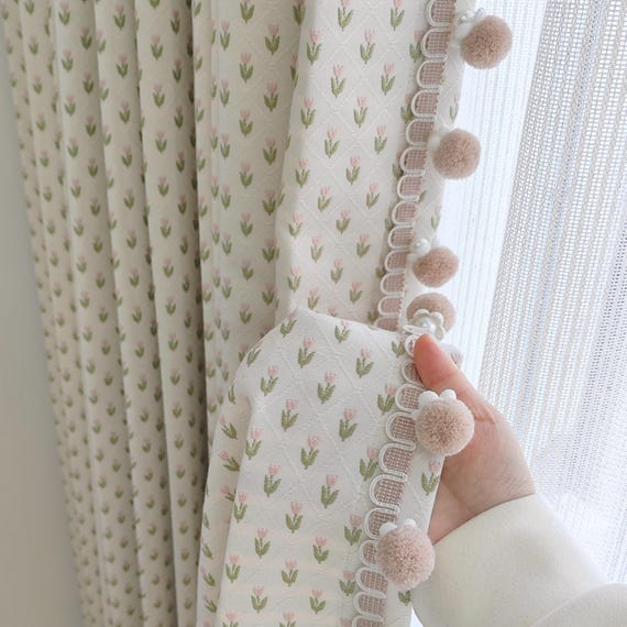 Pom Pom Trim Embroidered Floral Curtain, Boho Cottagecore Cotton Linen Kids Bedroom Drapes, Light Filtering kids room Window Treatment