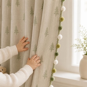 Sage Forest Pom Kids Curtains, Soft Textured Cordless Drapes, Minimalist French Nursery, Cozy Pom Detail, Modern Children’s Room