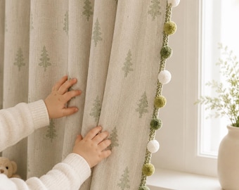 Sage Forest Pom Kids Curtains, Soft Textured Cordless Drapes, Minimalist French Nursery, Cozy Pom Detail, Modern Children’s Room