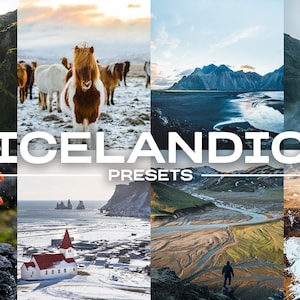 Peut inclure: Un collage de huit images mettant en valeur la beauté de l'Islande. Les images présentent une variété de paysages, notamment des cascades, des montagnes, des glaciers et des plages. Le texte "ICELANDIC PRESETS" est affiché au centre du collage.