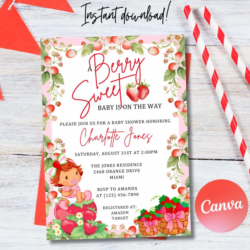 K&ouml;nnte beinhalten: Eine rosa und gr&uuml;ne Babyparty-Einladung mit Erdbeer-Motiv. Die Einladung lautet "A Berry Sweet Baby is on the Way" und zeigt ein Cartoon-Baby-M&auml;dchen mit einer Erdbeere auf dem Kopf. Die Einladung enth&auml;lt auch den Text "Please join us for a baby shower honoring Charlotte Jones, Saturday, August 31st at 2:00pm, The Jones Residence, 2468 Orange Drive, Miami, RSVP to Amanda at (123) 456-7890, Registered at: Amazon, Target."