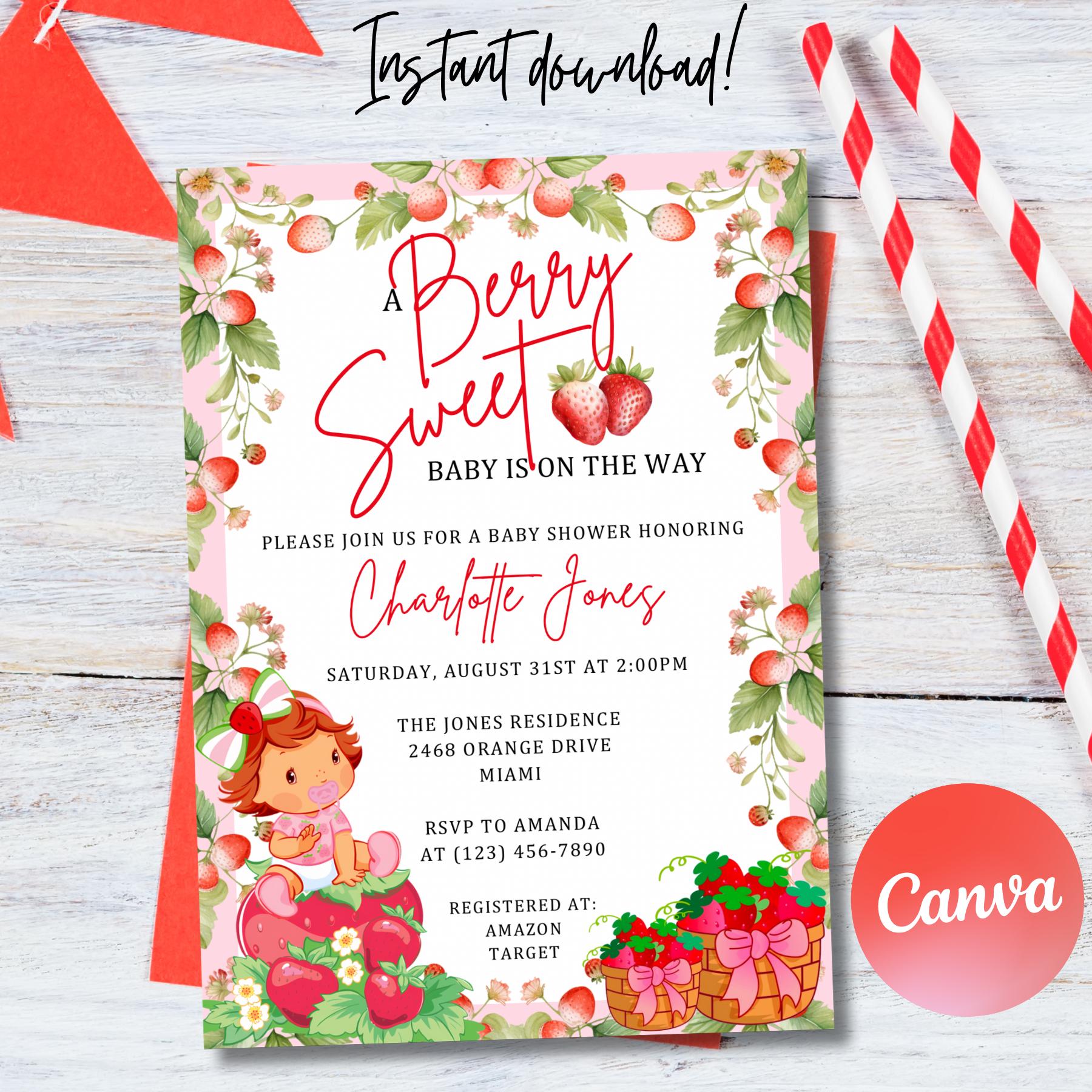 Sjabloon voor uitnodiging babyshower aardbei. Afdrukbare aangepaste uitnodiging. Babyshower nodigt uit. Bewerkbare Canva-uitnodiging.