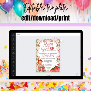 K&ouml;nnte beinhalten: Eine rosa und rote druckbare Babyparty-Einladung mit Erdbeer-Motiv. Die Einladung lautet "Berry Sweet Baby is on the Way" und zeigt ein Comic-Erdbeerm&auml;dchen. Die Einladung enth&auml;lt den Namen "Charlotte Jones" und Details zur Babyparty.