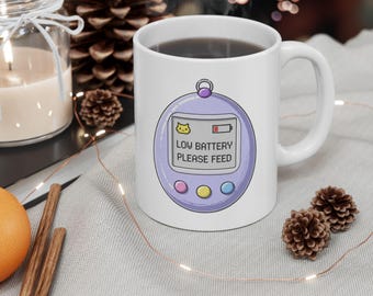 Funny Introvert Mug, Low Battery Please Feed Mug, Y2K Virtual Pet Coffee Mug, Retro Tech Nostalgia Gift
