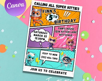 Sjabloon Superkitties-verjaardagsuitnodiging. Afdrukbare aangepaste uitnodiging. Verjaardagsuitnodigingen voor kinderen. Bewerkbare Canva-uitnodiging. Super Kitty-uitnodiging