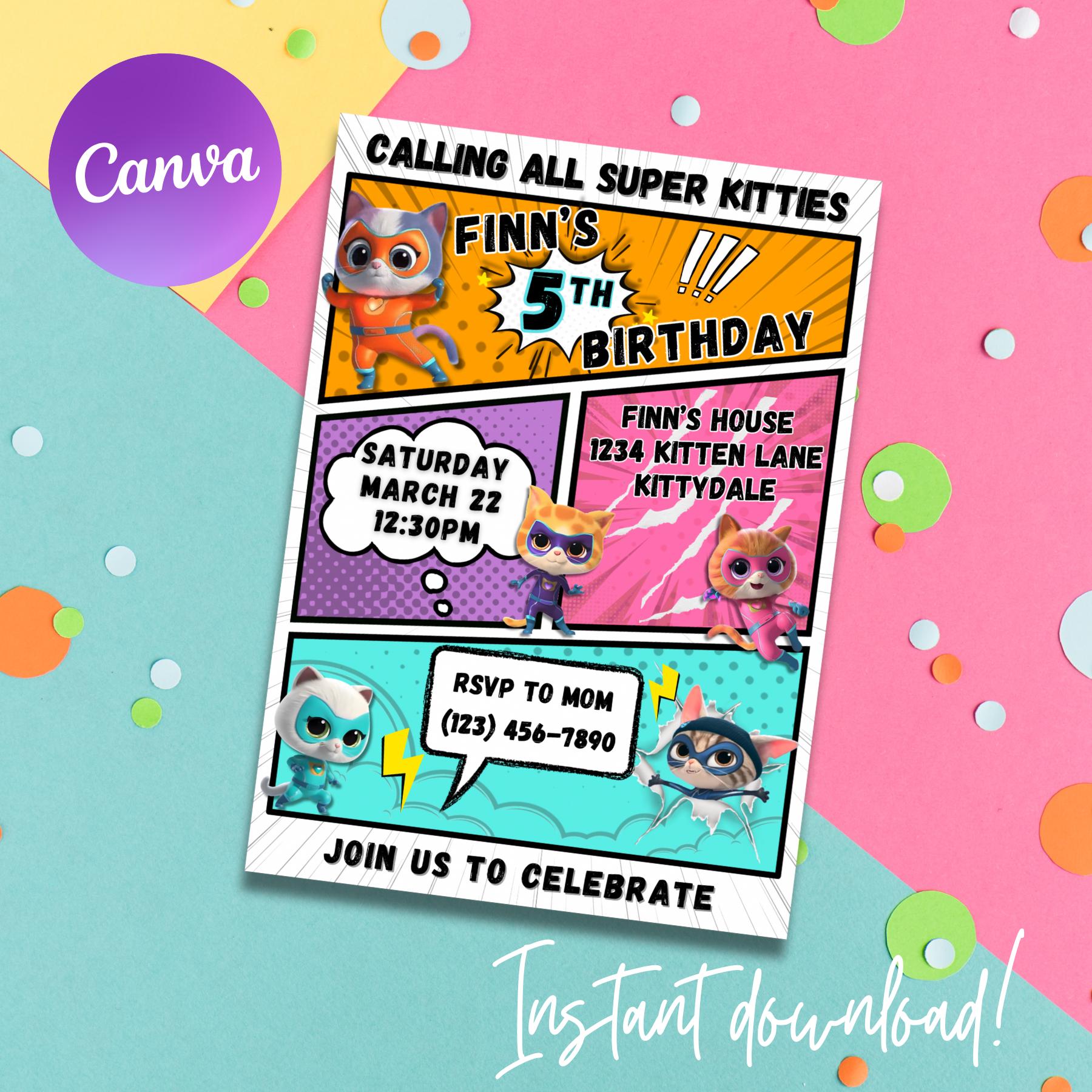 Superkitties Birthday Invitation Template. Printable Custom Invitation. Kids Birthday Invites. Editable Canva Invitation. Super kitty invite