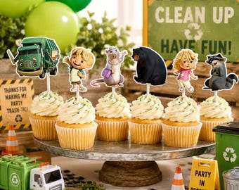 Trash Truck Cupcake Toppers, Garbage Truck Party Supplies