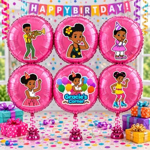 May include: Six round, metallic pink foil balloons featuring illustrations of children from Gracie's Corner. Each balloon displays a different character in colorful clothing, with one balloon showing the Gracie's Corner logo and balloons.