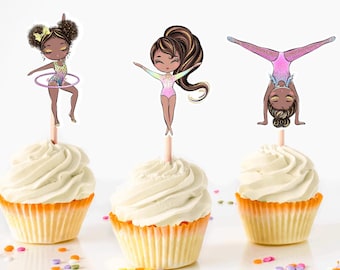 African American Gymnast Cupcake Toppers, Gymnastics Theme Party Supplies