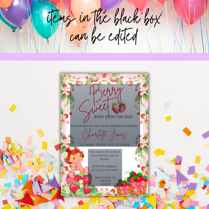 K&ouml;nnte beinhalten: Eine rosa und wei&szlig;e Babyparty-Einladung mit Erdbeer-Motiv. Die Einladung lautet "A Berry Sweet Baby is on the Way" und enth&auml;lt den Namen "Charlotte Jones".