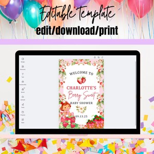 Op de afbeelding: Een laptop toont een sjabloon voor een babyshower-uitnodiging. De uitnodiging heeft een roze achtergrond met aardbeienillustraties en de tekst "Welcome to Charlotte's Berry Sweet Baby Shower." Bovenaan de afbeelding staat "Editable Template edit/download/print."