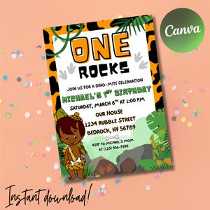 African American Bamm Bamm Birthday Invitation Template. Printable Custom Invitation. Baby Shower Invites. Editable Canva Invitation.