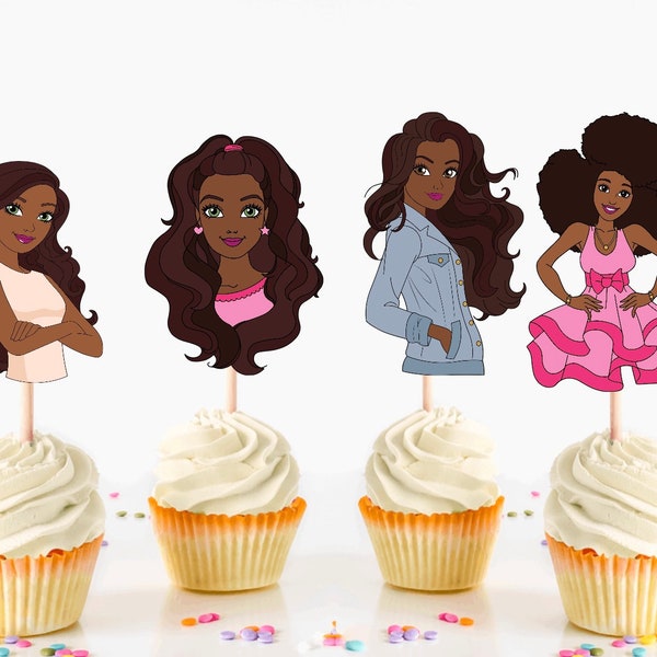 African American Doll Cupcake Toppers, Black Fashion Doll
