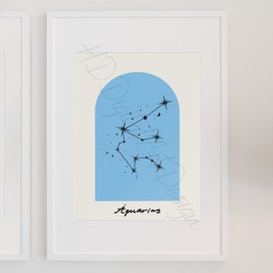May include: A blue and white printable art print featuring the Aquarius constellation with the text "Aquarius" at the bottom.