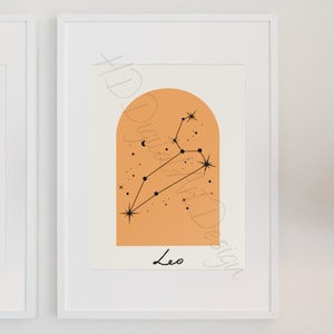May include: A printable art print featuring the Leo constellation in black on a peach-colored background. The constellation is depicted in an arch shape with the word "Leo" written below.