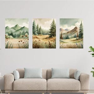 By the Mountain – 3 Panel Canvas Wall Art Set | Forest Landscape Triptych | Nature Print | Cottagecore Neutral Decor