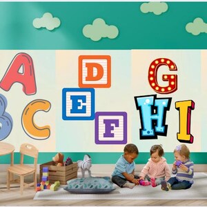 Arte mural imprimible del abecedario para niños: decoración de 10 páginas. Descarga instantánea para la guardería, la sala de juegos o el aula.
