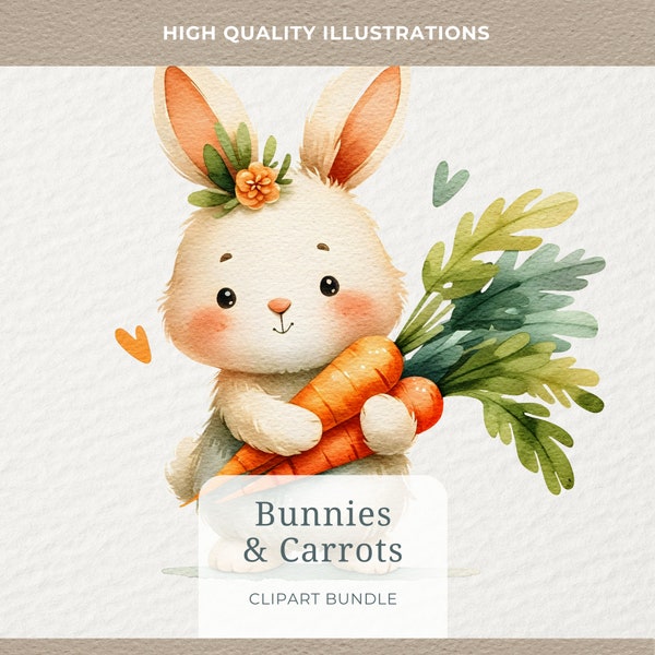 Rabbit and Carrot Illustrations, Easter Bunny Clipart PNG, Spring Bunnies, Boho Nursery Graphic Set, Watercolor Painting Printable