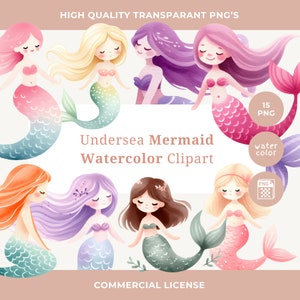 Watercolor Little Mermaid Clipart Bundle Cute Mermaids PNG Cute Sea Animals Under the Sea Digital Download Nursery Decor Girls Birthday