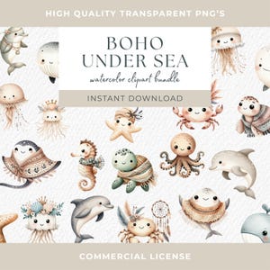 Boho Under the Sea Coral Clip Art Pastel Watercolor Clipart Cute Sea Animals Whale Shark Dolphin Turtle Seahorse Starfish Octopus Clipart