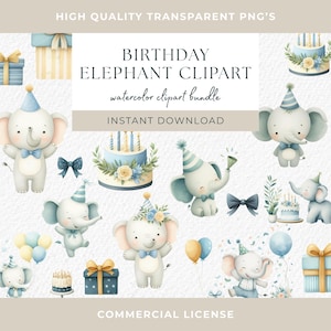 Bday Baby Elephant Clipart Watercolor Elephant Boy Baby Shower Clip Art Elephants illustration Little Animals Clip Art Nursery Graphics PNG
