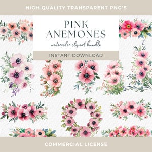 Roze anemoon clipart bloemen clipart roze blush groene bloemen PNG bruiloft clip art DIY elementen banner digitale commerciële handgeschilderde look